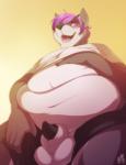 animal_genitalia anthro balls belly biped black_penis clothed clothing genitals hair male obese obese_anthro obese_male open_mouth overweight overweight_anthro overweight_male penis penis_tip pink_eyes pink_hair presenting presenting_penis purple_hair sheath smile solo tapering_penis teeth tongue patto anuv canid canine fox grey_fox mammal urocyon 2014 digital_media_(artwork) hi_res portrait three-quarter_portrait