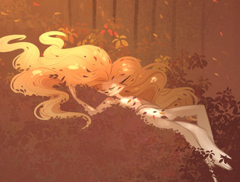 anthro blonde_hair breasts convenient_censorship covering covering_breasts covering_crotch exposure_variation female forest hair leaf leaves_on_body long_hair lying navel nude object_censorship outdoor_nudity outside plant solo tail tree siliciaart in_the_burrow allison_mccanidae canid canine canis coyote mammal hi_res