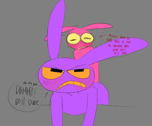 angry anthro aroused aroused_face blush bodily_fluids cross-popping_vein drooling duo imminent_selfcest imminent_sex looking_back male saliva scribble_eyes shaking speech_bubble text trembling karnthud glitch_productions the_amazing_digital_circus evil_jax_(tadc) jax_(tadc) lagomorph leporid mammal rabbit english_text hi_res