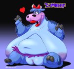 accessory anthro big_breasts big_pussy bovid bovine breasts female freckles genitals hair_accessory hair_ribbon heart_symbol hi_res hooves huge_breasts lipstick makeup mammal monster monster_farm neko_no_hito nipples overweight overweight_female pussy ribbons sagging_breasts solo surgical_suture undead zombeef zombie