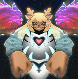 anthro antlers black_sclera blonde_hair brown_body brown_fur claws female finger_claws fur glowing glowing_eyes hair horn lens_flare smile solo space wings sk3tchk4t deltarune undertale undertale_(series) asriel_dreemurr_(god_form) noelle_holiday deer mammal new_world_deer reindeer soul_(undertale) hi_res