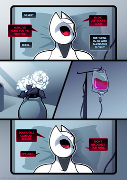 anthro bed blood_bag dialogue flower furniture grey_body hospital_bed lying machine male multicolored_body plant red_sclera solo speech_bubble text two_tone_body white_body rem_phase avian bird owl robot 2026 absurd_res comic english_text hi_res