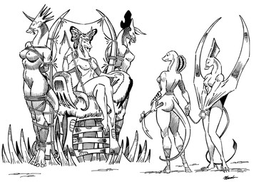 armor bdsm big_breasts biped bondage bone bound bracers breasts chair claws featureless_crotch female frill_(anatomy) furniture group headgear helmet holding_object holding_weapon horn humanoid_hands jewelry looking_at_another membrane_(anatomy) membranous_frill membranous_wings muzzled muzzle_(object) necklace nipples nude shadow sitting snout standing throne weapon wings wristband captainninja mammal scalie 2012 black_and_white full-length_portrait monochrome portrait signature