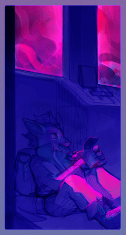 ambiguous_gender anthro backpack can canned_food clothed clothing container detailed_background eating fog food_in_mouth glowing holding_can holding_container holding_object inside jacket mohawk popped_collar sitting solo tail tapering_tail topwear window korichi project_silverfish inheritor lizard reptile scalie 2025 hi_res restricted_palette sketch