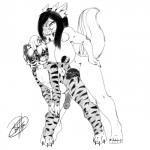 anthro black_hair black_highlights bodily_fluids breasts claws duo erection feet forked_tongue genital_fluids genitals gynomorph gynomorph/male hair half-erect highlights_(coloring) hindpaw horn humanoid_genitalia humanoid_penis intersex intersex/male male nipples nude paws penis precum simple_background stretching stripes tail tongue white_background white_hair the_furfather mythology kyera nahald dragon felid hybrid mammal mephitid mythological_creature mythological_scalie pantherine scalie skerpent skunk tiger 1:1 digital_media_(artwork) hi_res monochrome