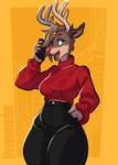 anthro antlers breasts brown_body clothed clothing ear_piercing ear_ring electronics female fur green_eyes hair horn phone piercing red_nose ring_piercing solo sweater thick_thighs topwear wide_hips conditional_dnp remanedur ruby_(remanedur) deer mammal new_world_deer reindeer digital_media_(artwork) trans_(lore) trans_woman_(lore)