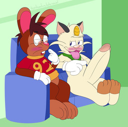3_toes 4_fingers admiring admiring_penis anthro balls big_penis blush blush_lines bodily_fluids cartoon_gloves drooling duo feet fingers genitals male male/male paws penis pink_tongue sack saliva saliva_string soles toes tongue tongue_out toony tentsonfire nintendo pokemon meowth_tents(tentsonfire) roderick_(tamerkoh) tents_(tentsonfire) toon_meowth_tents_(tentsonfire) generation_1_pokemon lagomorph leporid mammal meowth pokemon_(species) rabbit hi_res