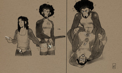 afro_puffs anal anal_penetration anthro anthro_penetrating anthro_penetrating_human anus areola balls blush bodily_fluids briefs briefs_only bulge butt cellphone clothed clothing crouching crouching_sex duo electronics erection facial_hair feet foreskin from_front_position fur genital_fluids genitals goatee hair hand_on_butt holding_cellphone holding_object holding_phone holding_smartphone human_on_anthro human_penetrated humanoid_feet humanoid_genitalia humanoid_penis interspecies male male/male male_penetrated male_penetrating male_penetrating_male nipples nude open_mouth partially_retracted_foreskin pecs penetration penile penile_penetration penis phone plantigrade sex shirt shoulder_stand simple_background smartphone smile soles spread_legs spreading tail tank_top teeth toes topless topless_anthro topless_male topwear underwear underwear_only white_briefs white_clothing white_underwear y-fronts nevets haplorhine human mammal monkey primate digital_media_(artwork) monochrome sketch