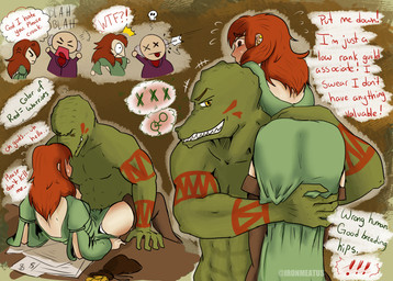anthro bodypaint boots clothed clothing death dress duo fantasy female female_human footwear furniture green_body hair human_on_anthro interspecies kidnapping looking_back male male/female muscular muscular_male red_hair shoes table text tribal ironmeatus alligator alligatorid crocodilian human mammal reptile scalie english_text hi_res