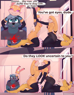 anthro areola armwear assisted_exposure barbell_piercing barcode barcode_on_pubis barcode_tattoo bed blush blush_lines bottomless bottomless_anthro bottomless_female breast_size_difference breast_squish breasts breath butt clone clothed clothing countershade_torso countershading cuff_(restraint) cybernetic_eye cybernetic_limb cybernetics cyberpunk dialogue dominant dominant_female ear_piercing ear_pull elbow_gloves erection erection_under_clothing exhibitionism eyebrow_piercing eyelashes facial_piercing female female/female fingering furniture gloves group group_sex handcuffed handcuffed_to_bed handcuffed_to_pole handcuffs handjob handjob_through_clothing handwear happy happy_sex horn imminent_sex legwear lip_piercing long_ears long_eyelashes looking_at_viewer looking_pleasured lying machine male male/female massage metal_cuffs motion_lines multiple_piercings muscular muscular_anthro muscular_male navel nervous nipple_dip nipple_outline nipple_piercing nipples on_back on_bed panties panting pasties penile piercing piercing_outline restrained restraints scut_tail sex shaking short_tail shortstack sitting sitting_on_another size_difference slim small_breasts smaller_female speech_bubble squish stockings surprised tail tattoo thick_thighs thigh_highs thong threesome topless topless_anthro topless_female trembling trio underwear undressing undressing_another undressing_partner vaginal vaginal_fingering voyeur wide_hipped_anthro wide_hipped_female wide_hips bunnysinfull mythology bunn-e glint_summit_(character) naught_joe smok_(character) dragon lagomorph mammal mythological_creature mythological_scalie procyonid raccoon robot robot_anthro scalie 2025 absurd_res comic hi_res