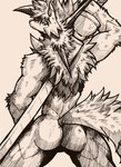 anthro back_muscles butt fluffy_body hair ink looking_at_viewer looking_back looking_back_at_viewer male melee_weapon muscular muscular_anthro muscular_male muscular_thighs nude rear_view scabbard solo spiky_hair sword sword_on_back swordsman tail tail_tuft tuft weapon jwbash nintendo pokemon pokemon_mystery_dungeon spike_chunsoft fan_character kyoto_rex dusk_lycanroc generation_7_pokemon lycanroc pokemon_(species) absurd_res graphite_(artwork) hatching_(art) hi_res shaded sketch traditional_media_(artwork)