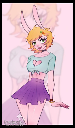 anthro blonde_hair bottomwear breasts clothing collar fangs female hair highlights_(coloring) pink_body pink_highlights pose skirt smile solo standing teeth topwear wide_hips corderyceps milky_rivas lagomorph mammal vampire absurd_res hi_res