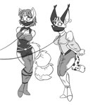 anthro armbinder bdsm binder_(restraint) bondage bondage_gear bound duo ear_piercing ear_ring female gag hobble_dress hobbled leash piercing restraints ring_piercing spiderweber nintendo star_fox krystal_(star_fox) miyu_(star_fox) canid canine felid feline fox lynx mammal absurd_res hi_res monochrome