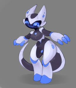 anthro biped black_body blue_body breasts closed_smile female grey_background machine mouth_closed one_eye_closed simple_background smile solo standing tail white_body wide_hips monty_smug robot 2025 hi_res