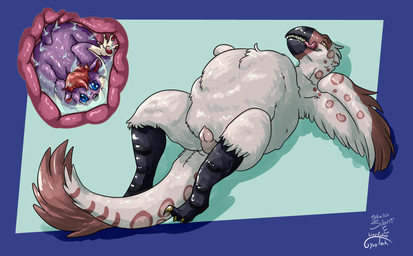 anal anthro anthro_pred anthro_prey biped blue_eyes bodily_fluids claws duo genitals leg_markings male male/male male_pred male_prey markings organs paws penis purple_body red_markings same_size_vore socks_(marking) stomach stomach_acid tongue tongue_out vore white_body winter_coat gyrotech silent_e blitzstoat_(gyro) dinosaur dromaeosaurid mammal mustelid musteline prehistoric_species reptile saurischian scalie stoat theropod true_musteline weasel hi_res