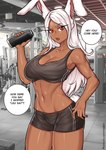 athletic athletic_female bottle bottomwear bra breasts brown_body brown_skin clothing container dialogue female gym hair looking_at_viewer red_eyes shorts solo sports_bra talking_to_viewer text underwear water_bottle white_hair redjet00 my_hero_academia rumi_usagiyama animal_humanoid humanoid lagomorph lagomorph_humanoid leporid_humanoid mammal mammal_humanoid rabbit_humanoid 2023 english_text