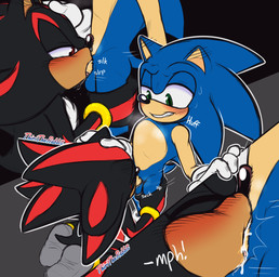 anthro balls black_body blue_body blush bodily_fluids clothing cum cum_in_mouth cum_inside deep_throat duo ear_blush feet footwear genital_fluids genitals green_eyes hand_on_head hand_on_leg hand_on_thigh leg_grab male male/male male_penetrated male_penetrating male_penetrating_male oral oral_penetration penetration red_body red_eyes sex socks thigh_grab tongue tongue_out thiritherabbit sega sonic_the_hedgehog_(series) shadow_the_hedgehog sonic_the_hedgehog eulipotyphlan hedgehog mammal 2025 digital_media_(artwork) hi_res