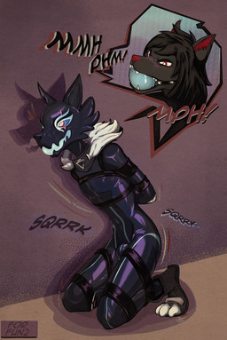 anthro bdsm bondage bound bulge clothing costume gag gagged latex male mask solo tape forfun2 epic_games fortnite pack_leader_highwire canid canine mammal absurd_res hi_res