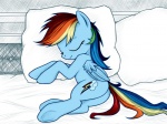 4:3 bed blue_body blue_feathers blue_fur cutie_mark equid equine eyes_closed feathered_wings feathers female feral friendship_is_magic fur furniture hair hasbro hi_res mammal multicolored_hair multicolored_tail my_little_pony mythological_creature mythological_equine mythology on_bed pegasus pillow rainbow_(artist) rainbow_dash_(mlp) rainbow_hair rainbow_tail sleeping smile solo tail wings