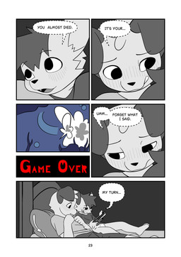 anthro bed bed_sheet bedding bedroom blush blush_lines bubble bulge clothing dialogue disappointed duo floppy_ears furniture game_over gameplay_mechanics heart_(marking) long_sleeve_shirt long_sleeves male male/male markings pillow smoke underwear whispering young young_anthro young_male minishadefox nintendo nintendo_switch elliot_vance nico_florence canid canine canis domestic_dog mammal absurd_res black_and_white comic hi_res monochrome cousins_(lore)