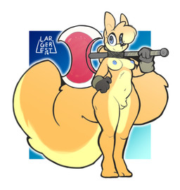anthro axe balls biped black_nose blue_background blue_eyes blue_nipples border breasts clothing collar eyelashes flaccid fluffy fluffy_tail fur genitals gloves gradient_background gynomorph hair handwear holding_object holding_weapon intersex long_tail looking_at_viewer melee_weapon multicolored_body multicolored_fur navel nipples nude penis ponytail simple_background small_breasts small_penis smile solo standing tail tan_body tan_ears tan_fur tan_hair two_tone_body two_tone_fur two_tone_tail weapon weapon_on_shoulder white_border wide_hips dorkinhorkin sydup mammal rodent sciurid 2019 archived_source digital_media_(artwork) full-length_portrait hi_res portrait
