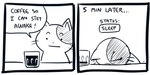 2_panel_comic ambiguous_gender anthro beverage black_eyes black_nose black_text coffee coffee_cup container cup dialogue dot_eyes ellipsis exclamation_point eyebrows mouth_closed sleeping solo speech_bubble talking_to_self text time_skip whiskers flavia-elric domestic_cat felid feline felis mammal 2023 2:1 black_and_white comic digital_media_(artwork) english_text hi_res monochrome