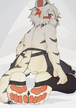 2_horns 4_toes 5_fingers anthro assless_shorts backsack balls biped black_clothing black_footwear black_nose black_socks bottomwear clothed clothed_anthro clothed_male clothing crotchless_clothing crotchless_shorts eyebrows feet fingerpads fingers footwear fur genitals grey_bottomwear grey_clothing grey_markings grey_shorts grey_stripes hair hindpaw horn humanoid_hands iris kemono kneeling looking_at_viewer looking_back looking_back_at_viewer male male_anthro markings mouth_closed pawpads paws perineum plantigrade plantigrade_pawpads pupils rear_view red_eyes shorts shota simple_background slim slim_anthro slim_male slit_pupils socks solo stirrup_socks straight_horn striped_body striped_fur striped_markings striped_tail stripes tail tail_markings toes topless topless_anthro topless_male white_body white_eyebrows white_fur white_hair white_sclera young young_anthro young_male toye2004 felid hybrid mammal pantherine tiger absurd_res full-length_portrait hi_res portrait
