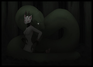 anthro antlers apode black_border border breasts dark detailed_background duo female forest glowing glowing_eyes horn legless outside pink_eyes plant serpentine tree detts canid canine draconcopode mammal naga reptile scalie snake 2013 dark_theme hi_res