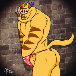 anthro backwards_hat biped brick_wall brown_body brown_fur brown_inner_ear brown_nose butt closed_smile clothing fur fur_markings hand_in_thong hat headgear headwear lgbt_pride male markings mouth_closed multicolored_body multicolored_fur pose pride_color_clothing pride_colors red_clothing red_thong red_underwear smile solo sparkles sparkling_clothing tail thong two_tone_body two_tone_fur underwear wall_(structure) wearing_hat whiskers yellow_body yellow_fur fabfelipe hanna-barbera lgbt_pride_month swat_kats chance_furlong domestic_cat felid feline felis mammal 1:1 2025 digital_drawing_(artwork) digital_media_(artwork) hi_res pinup