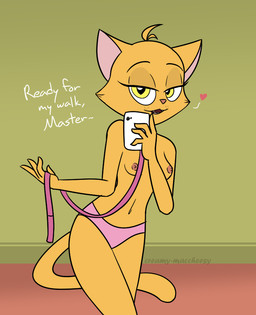anthro breasts electronics female fur leash leash_pull orange_body orange_fur phone seductive solo creamymacheesy toontown_online domestic_cat felid feline felis mammal