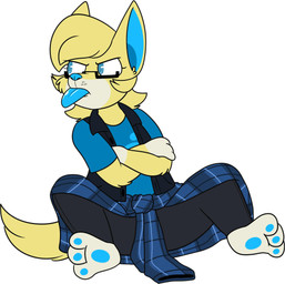 3_toes 4_fingers anthro arm_tuft biped black_bottomwear black_clothing black_eyebrows black_eyewear black_glasses black_pants bleh blonde_hair blowing_raspberries blue_clothing blue_eyes blue_jacket blue_nose blue_pawpads blue_shirt blue_tongue blue_topwear blue_vest bottomwear cheek_tuft clothed clothed_anthro clothed_female clothing countershade_face countershade_fur countershading crossed_arms dog_tail elbow_tuft eyebrow_through_hair eyebrows eyelashes eyewear facial_tuft feet female female_anthro fingers fluffy fluffy_tail front_view fur glasses glistening glistening_eyes glistening_tongue gloves_(marking) hair jacket jacket_around_waist leg_markings looking_aside making_faces markings no_pupils pants pawpads plaid_jacket rectangular_glasses shirt simple_background sitting socks_(marking) solo tablet_pen tail teeth toes tongue tongue_out topwear translucent translucent_hair tuft vest white_background white_body white_countershading yellow_body yellow_fur yellow_tail yellow_tuft chokovit_(artist) canid canine canis chihuahua domestic_dog mammal toy_dog 2019 colored digital_drawing_(artwork) digital_media_(artwork) full-length_portrait hi_res portrait