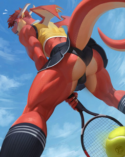 anthro ball balls bottomwear bulge bulge_from_behind butt claws clothed clothing crop_top crossdressing detailed_bulge ear_piercing footwear genital_outline genitals horn looking_back male panties penis_outline piercing presenting presenting_hindquarters shirt skimpy skirt sky socks solo sport sports_uniform tail tennis tennis_ball tennis_racket topwear underwear wings tagonkrat mythology dragon mythological_creature mythological_scalie scalie hi_res