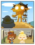butt eyewear female genitals glasses gold_(metal) golden_statue hair nude open_mouth outside ponytail pussy sculpture smile standing statue tail text working argysaur bloons_tower_defense ninja_kiwi adora_(bloons) patch_(bloons) haplorhine mammal monkey primate 2025 english_text hi_res