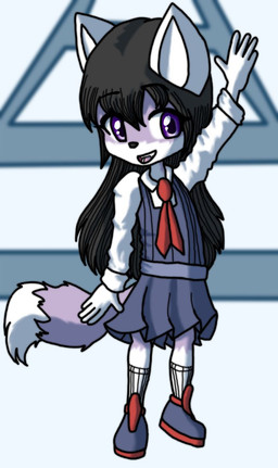 anthro black_hair bottomwear clothing female footwear fur gesture hair happy loli long_hair open_mouth purple_body purple_eyes purple_fur school_uniform shoes skirt smile socks solo standing uniform waving white_body white_fur young dragojin_(artist) aurora_phoenix canid canine fox mammal phoenix_blood hi_res