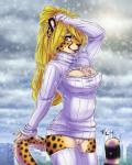 2015 amber_eyes anthro big_breasts black_spots blonde_hair bottomless breasts cheetah chest_tuft cleavage cleavage_cutout clothed clothing cloud conditional_dnp cutout digital_media_(artwork) felid feline female fluff-kevlar fur hair ineffective_clothing keyhole_turtleneck legwear long_hair looking_at_viewer mammal mihari orange_body orange_fur outside overcast pubes ribbed_clothing ribbed_sweater sky smile snow snowing solo spots stockings sweater topwear tuft turtleneck white_body white_fur yellow_body yellow_fur