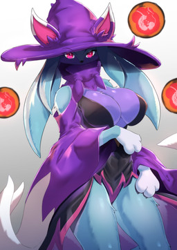 anthro big_breasts big_hat breasts cleavage clothed clothing eyelashes female front_view fur hat headgear headwear paws simple_background solo witch_hat torahime palworld pocketpair felid feline katress mammal pal_(species) 2024 absurd_res hi_res