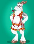 anthro antlers blue_eyes eyewear featureless_crotch glasses glistening green_background harness holidays horn latex looking_at_viewer male simple_background smile smoke smoking_pipe solo standing hornbuckle christmas overzen_(characters) barnaby_(overzen) deer mammal new_world_deer reindeer 2018 digital_drawing_(artwork) digital_media_(artwork)