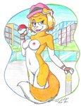 alternate_species anthro breasts casual_nudity city female genitals nipples nude nudist outside pokeball pussy solo tail silversimba01 nintendo pokemon pokemon_trainer serena_(pokemon) border_collie canid canine canis collie domestic_dog herding_dog mammal pastoral_dog sheepdog hi_res