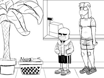 annoyed anthro basket bone confusion container duo food fruit hand_in_pocket horn male palm_tree plant pockets skeleton standing text tree komododad deltarune undertale undertale_(series) asriel_dreemurr sans_(undertale) animated_skeleton boss_monster_(undertale) bovid caprine goat humanoid mammal undead 2025 4:3 black_and_white comic english_text hi_res monochrome