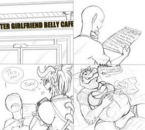 anthro bed belly big_belly big_breasts breasts cafe dialogue duo endosoma female female_pred fully_inside furniture hand_on_belly heart_symbol hearts_around_text lying lying_on_bed male male/female male_prey on_bed safe_vore speech_bubble text text_with_heart vore anon alligator alligatorid crocodilian human mammal reptile scalie english_text monochrome