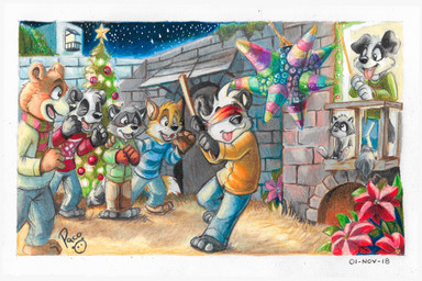 anthro black_body black_fur black_nose blue_bottomwear blue_clothing blue_pants blue_topwear bottomwear brown_bottomwear brown_clothing brown_pants christmas_tree closed_smile clothed clothing eyes_closed fangs fur green_clothing green_topwear group holidays logo male mouth_closed night open_mouth open_smile orange_clothing orange_topwear outside pants pinata plant red_clothing red_topwear sitting smile standing star teeth topwear tree white_body white_fur yellow_body yellow_fur young young_anthro young_male pandapaco christmas art_(pandapaco) biro_(pandapaco) julio_(pandapaco) nemorio parinton roni_(imroni) bear border_collie canid canine canis collie domestic_dog fox giant_panda herding_dog mammal pastoral_dog procyonid raccoon sheepdog 2018 artist_logo dated signature
