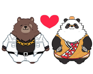 anthro asian_clothing brown_body brown_fur cake chibi chinese_clothing clothing dessert duo east_asian_clothing eyewear facial_scar food fur glasses male missing_eye multicolored_body multicolored_fur roll_cake scar simple_background white_background benbiggers2 mihoyo zenless_zone_zero ben_bigger pan_yinhu bear giant_panda mammal 2025