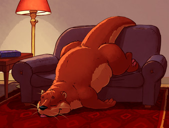 ambiguous_gender anthro belly book eyes_closed floor furniture inside lamp lying nude on_front overweight overweight_anthro rug sleeping smile sofa solo table tail thick_neck tongue tongue_out wall_(structure) lotic mammal mustelid otter 2020 digital_media_(artwork)
