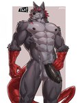 abs anthro balls black_body black_fur black_nose black_sclera fur genitals grey_body grey_fur heterochromia humanoid_genitalia humanoid_penis long_tongue male muscular muscular_anthro muscular_male nipples open_mouth pecs penis red_eyes red_sclera simple_background solo teeth tongue tongue_out vein veiny_penis amon-sydonai agares_(amon-sydonai) canid canine canis demon mammal wolf 2024 digital_media_(artwork) hi_res