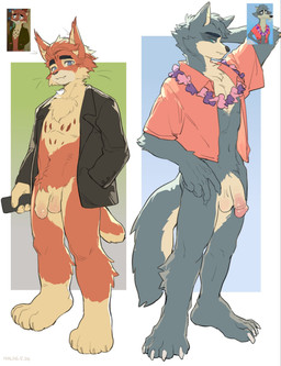 anthro balls black_clothing black_topwear blue_eyes claws clothed clothing duo electronics foreskin fur garland genitals grey_body hair holding_object holding_phone male male/male orange_body orange_fur penis phone pink_clothing pink_topwear toe_claws topwear milkybot mating_season_(series) dylan_(mating_season) canid canine canis felid feline felis mammal wolf hi_res