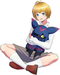 anthro black_body black_fur blonde_hair blue_eyes bottomwear cloak clothing cowl crossed_legs crosslegged_pose duo fur hair male pupils shorts sitting unusual_pupils wings yellow_eyes shikigamidraws bandai_namco digimon makoto_kuonji bat chiropmon digimon_(species) human mammal absurd_res hi_res