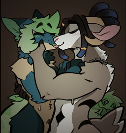 anthro dreadlocks duo fur genitals green_hair green_penis grey_body grey_fur hair horn hug kissing making_out male male/male penis sex tail tail_mouth unusual_anatomy unusual_tail polarfoxpat baji_(morobox) grellsaghost bovid canid canine caprine fox goat humanoid mammal comic