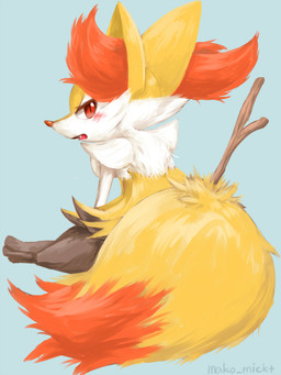 ambiguous_anthro ambiguous_gender anthro big_tail blush cheek_tuft cute_fangs dipstick_tail facial_tuft fangs fur grey_background inner_ear_fluff looking_at_viewer looking_back markings nude object_in_tail open_mouth orange_nose pupils rear_view red_eyes simple_background sitting slit_pupils solo stick stick_in_tail tail tail_markings teeth tuft white_body white_fur yellow_body yellow_fur makotoo nintendo pokemon braixen canid canine generation_6_pokemon mammal pokemon_(species) 2016 3:4 full-length_portrait portrait