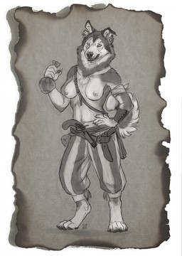 4_toes 5_fingers anthro barefoot bottomwear breasts clothed clothing feet female fingers fur gun handgun hindpaw humanoid_hands mature_anthro mature_female navel nipples pants paws pirate pistol ranged_weapon solo standing toes topless topless_anthro topless_female weapon deyvarah alaskan_malamute canid canine canis domestic_dog mammal nordic_sled_dog spitz hi_res