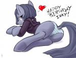 birthday blush bottomwear clothing earth_pony english_text equid equine female feral friendship_is_magic grey_hair hair hasbro heart_symbol hi_res hobbes_maxwell horse mammal marble_pie_(mlp) my_little_pony panties pattern_bottomwear pattern_clothing pattern_panties pattern_underwear pony purple_eyes simple_background solo striped_bottomwear striped_clothing striped_panties striped_underwear stripes text underwear white_background